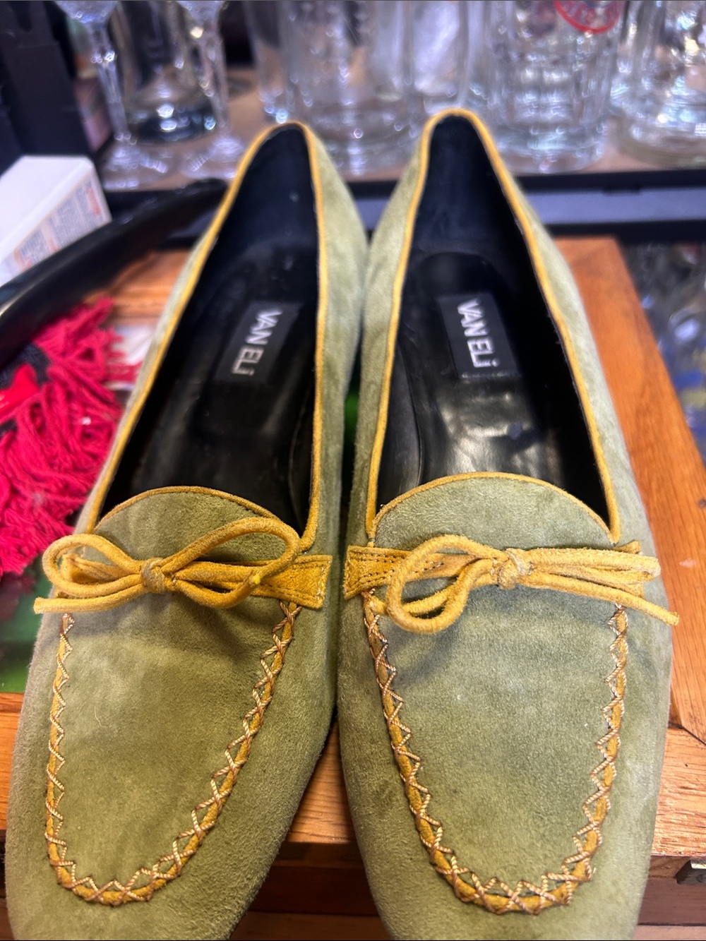 Vaneli Olive Green Suede Bow Loafers with Mustard Trim
